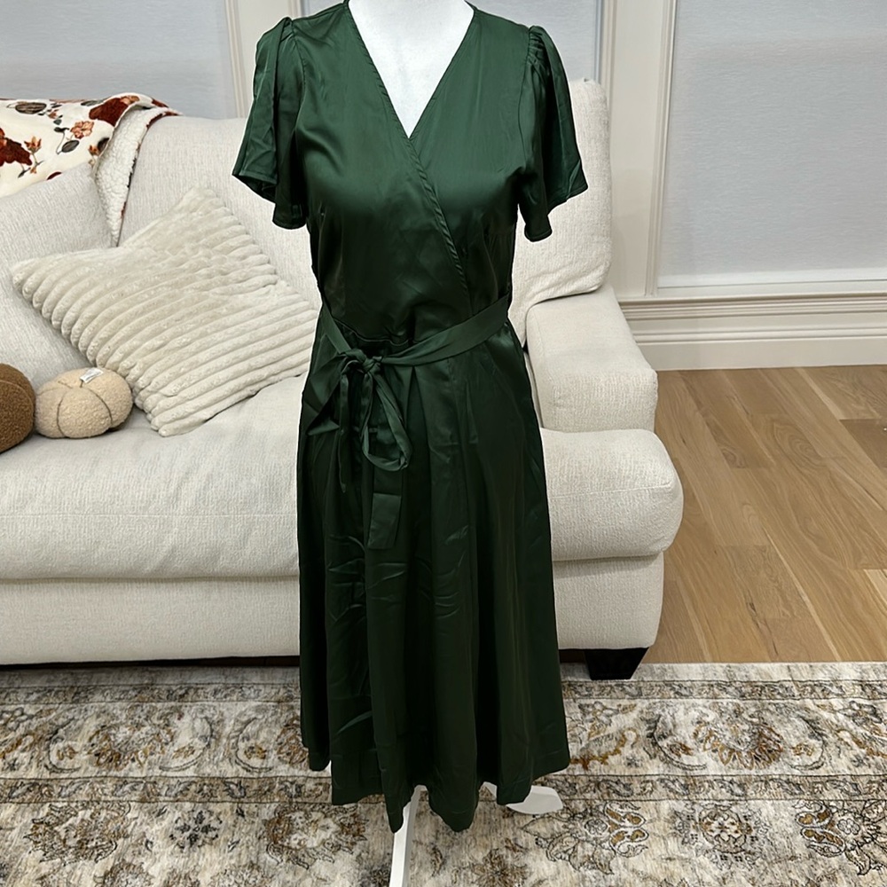 Louche satin green v neck dress with tie waist